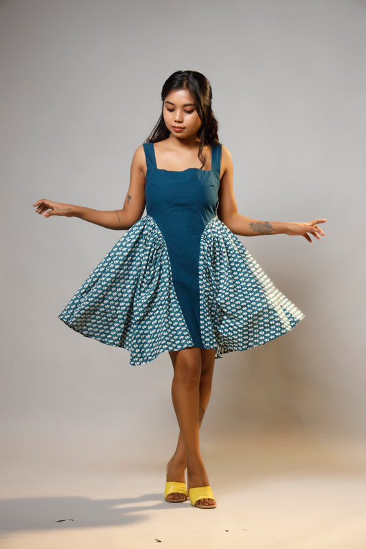 Turquoise Serenity Block Printed Short Corset Cotton Dress