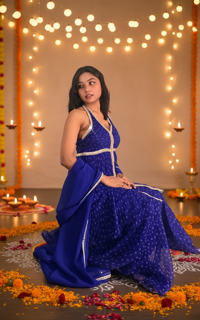 Royal Blue Radiance Bandhani Indo Western Suit Set