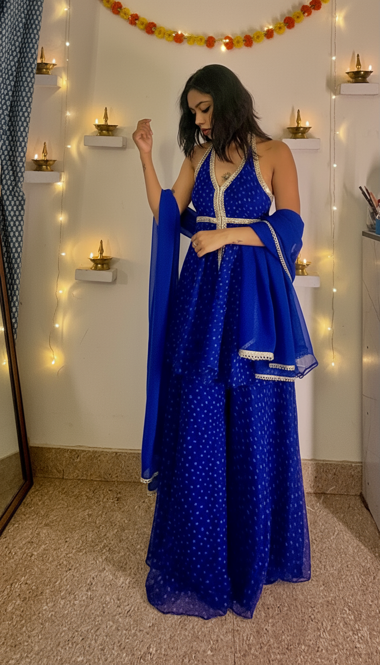 Royal Blue Radiance Bandhani Indo Western Suit Set