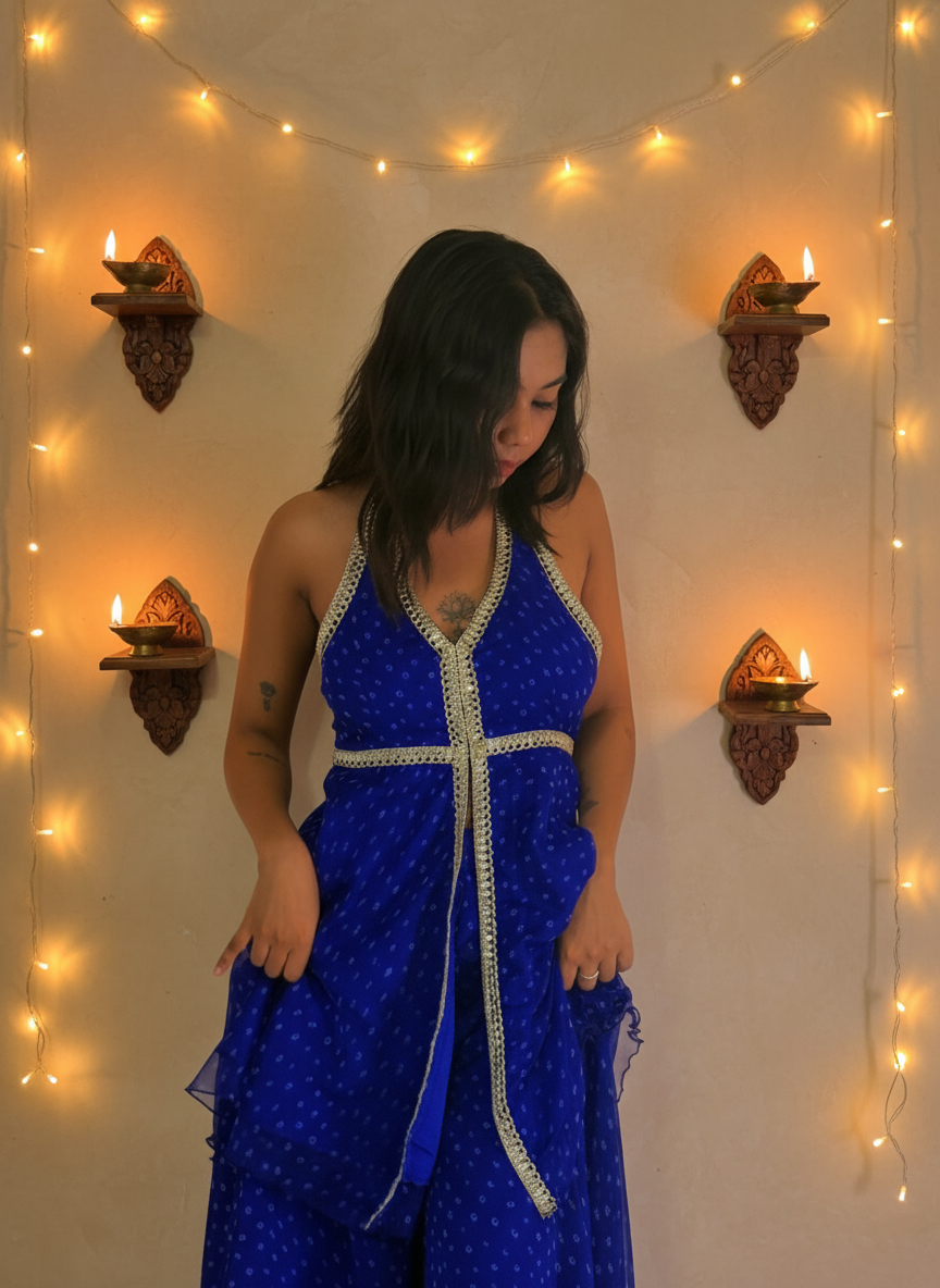 Royal Blue Radiance Bandhani Indo Western Suit Set