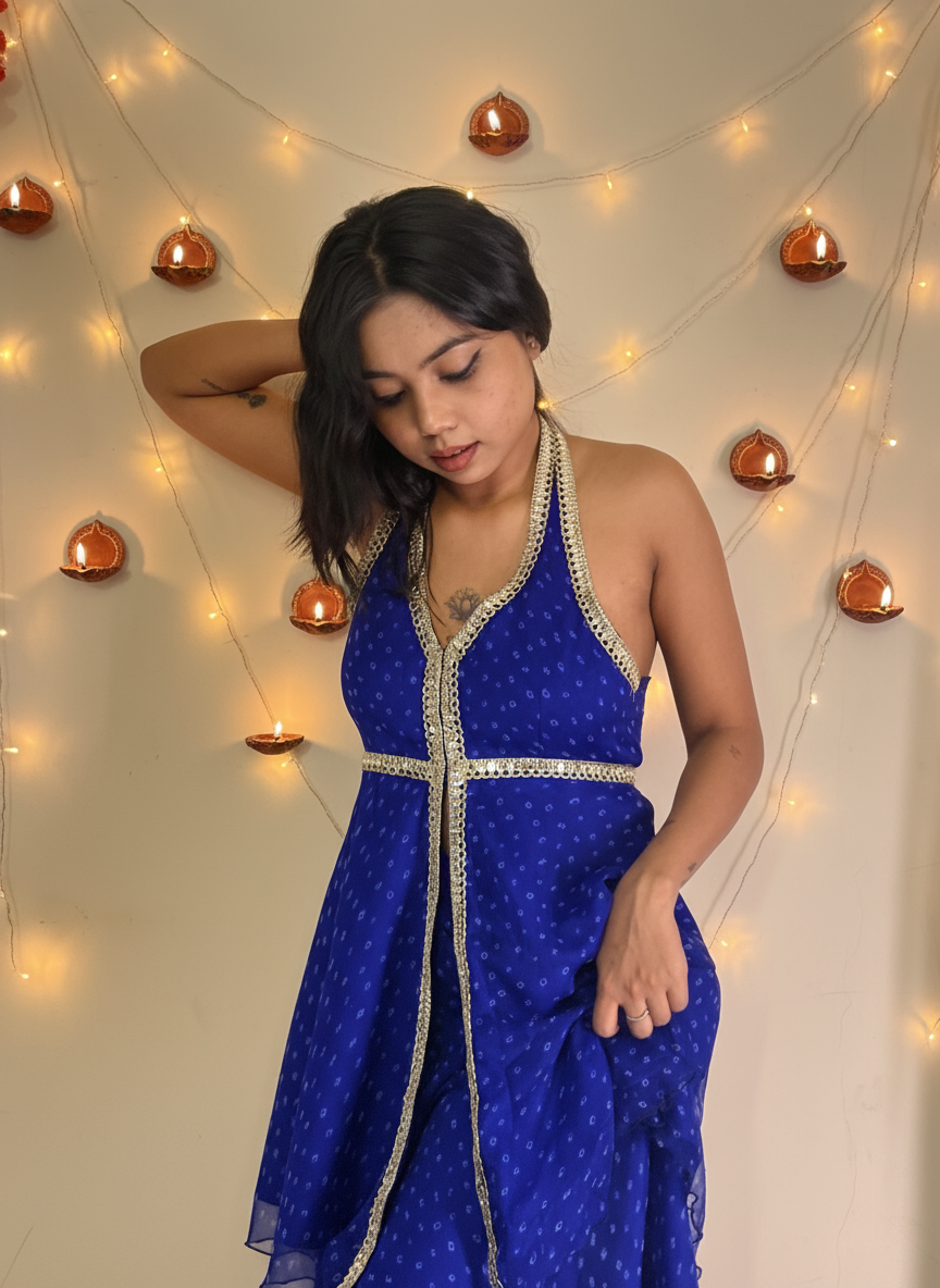 Royal Blue Radiance Bandhani Indo Western Suit Set