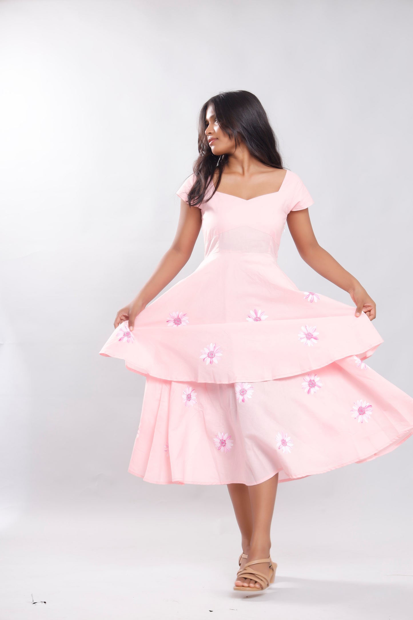 Floral Symphony Baby Pink Double Layered Dress