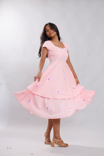 Floral Symphony Baby Pink Double Layered Dress