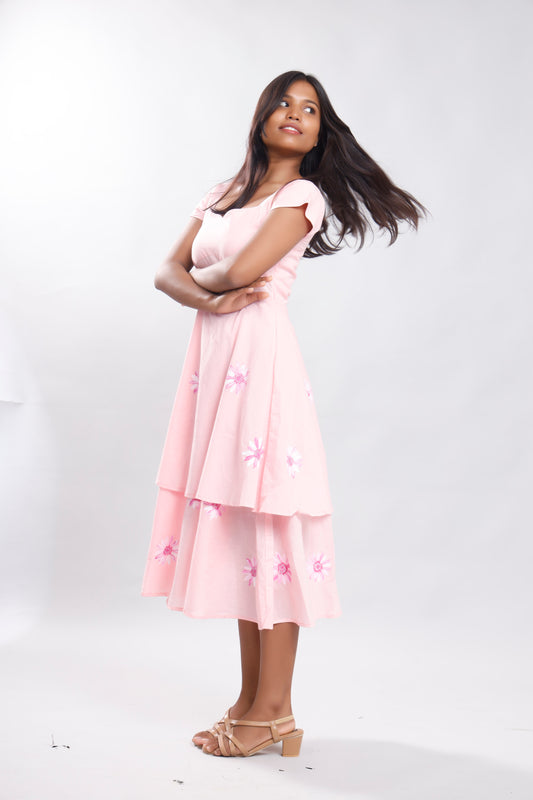 Floral Symphony Baby Pink Double Layered Dress