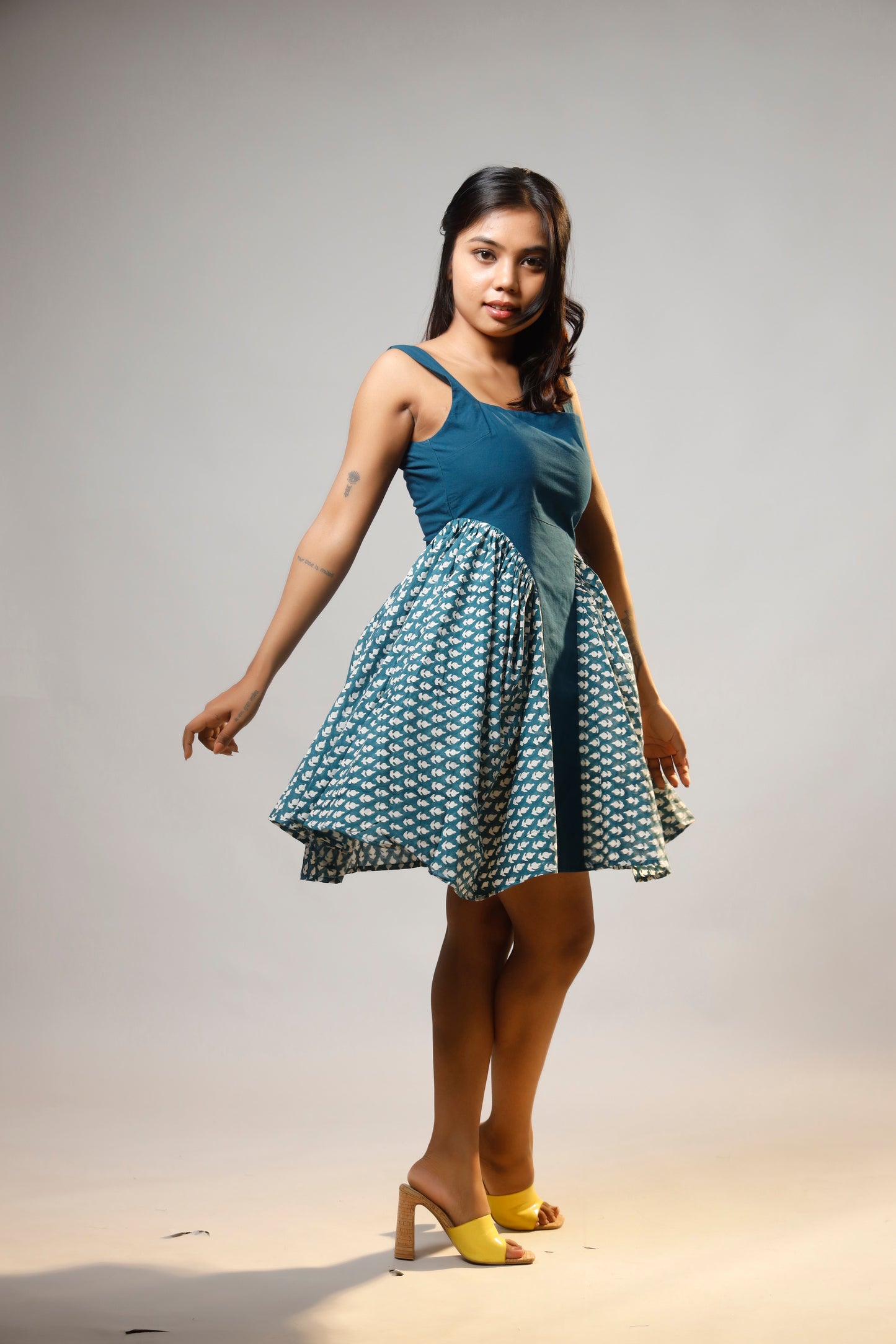 Turquoise Serenity Block Printed Short Corset Cotton Dress