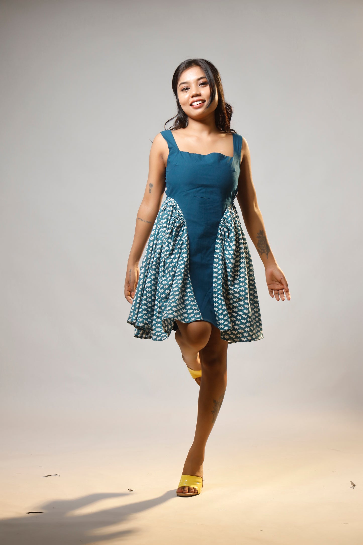 Turquoise Serenity Block Printed Short Corset Cotton Dress