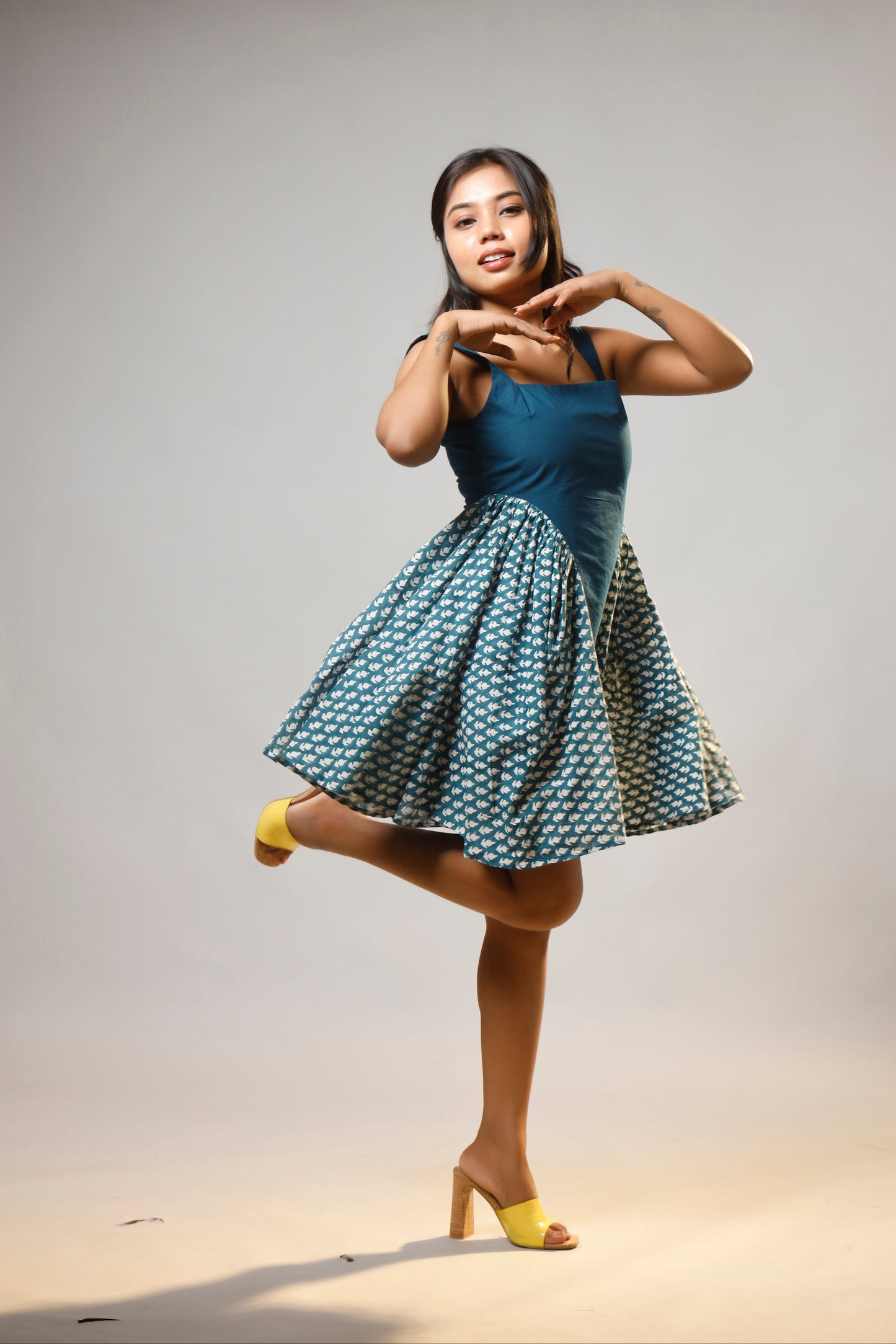 Turquoise Serenity Block Printed Short Corset Cotton Dress