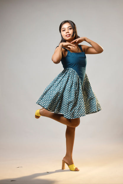 Turquoise Serenity Block Printed Short Corset Cotton Dress