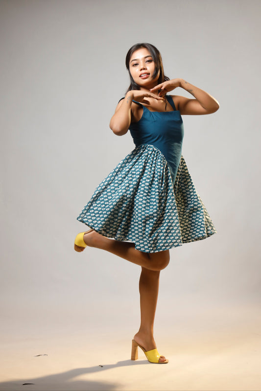 Turquoise Serenity Block Printed Short Corset Cotton Dress