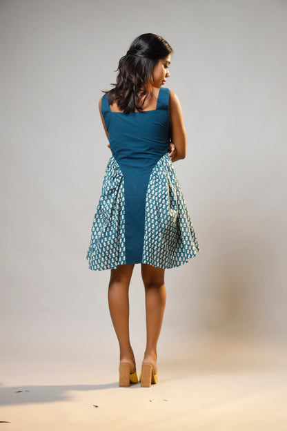 Turquoise Serenity Block Printed Short Corset Cotton Dress