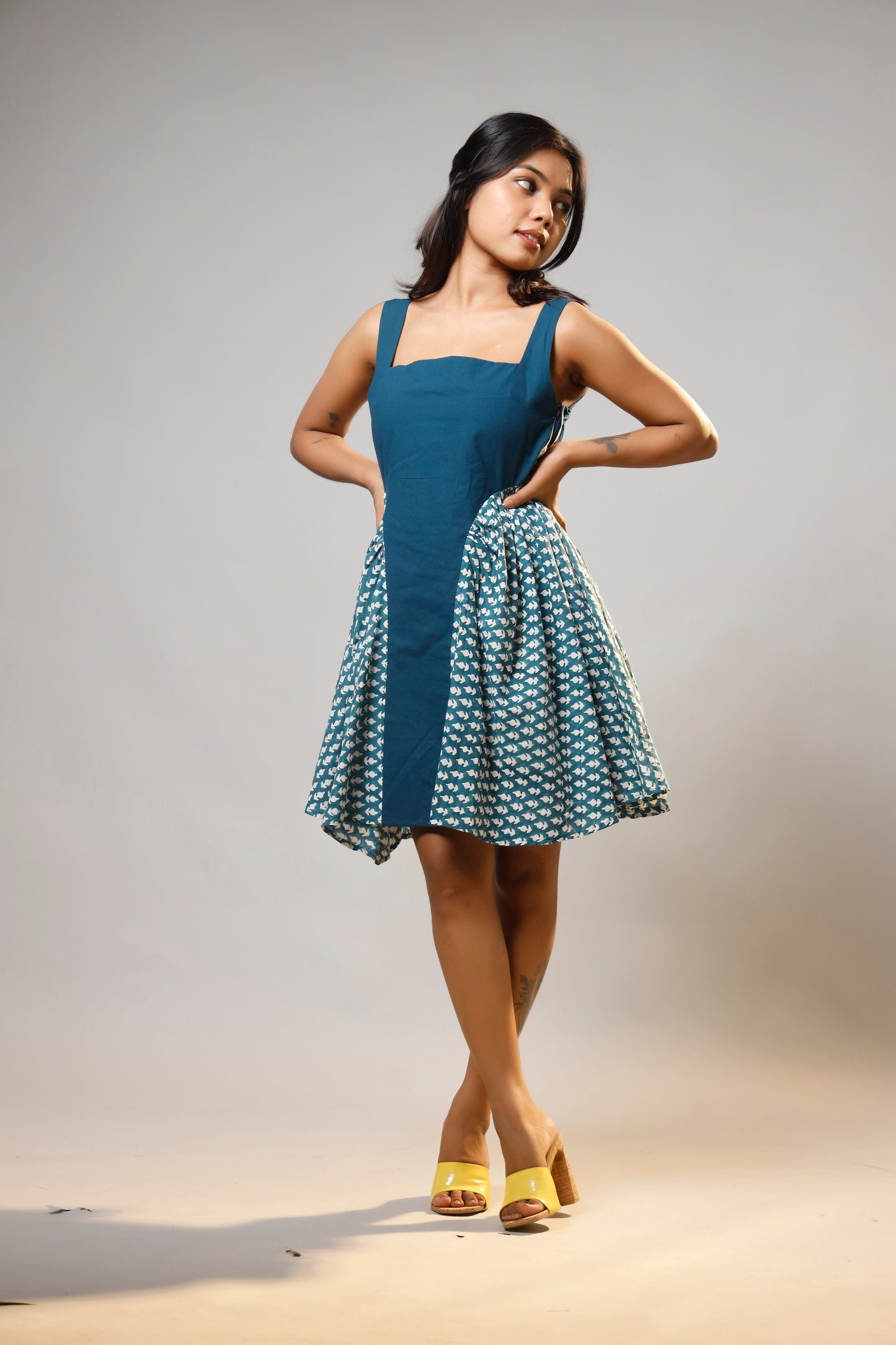 Turquoise Serenity Block Printed Short Corset Cotton Dress