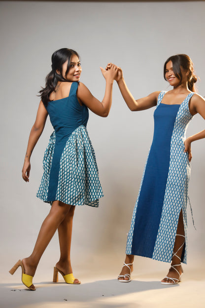 Turquoise Serenity Block Printed Short Corset Cotton Dress