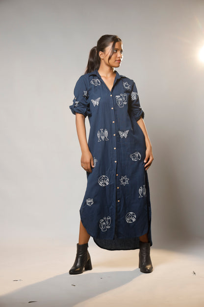Timeless Charm Hand-Embroidered Cotton Shirt Long Dress