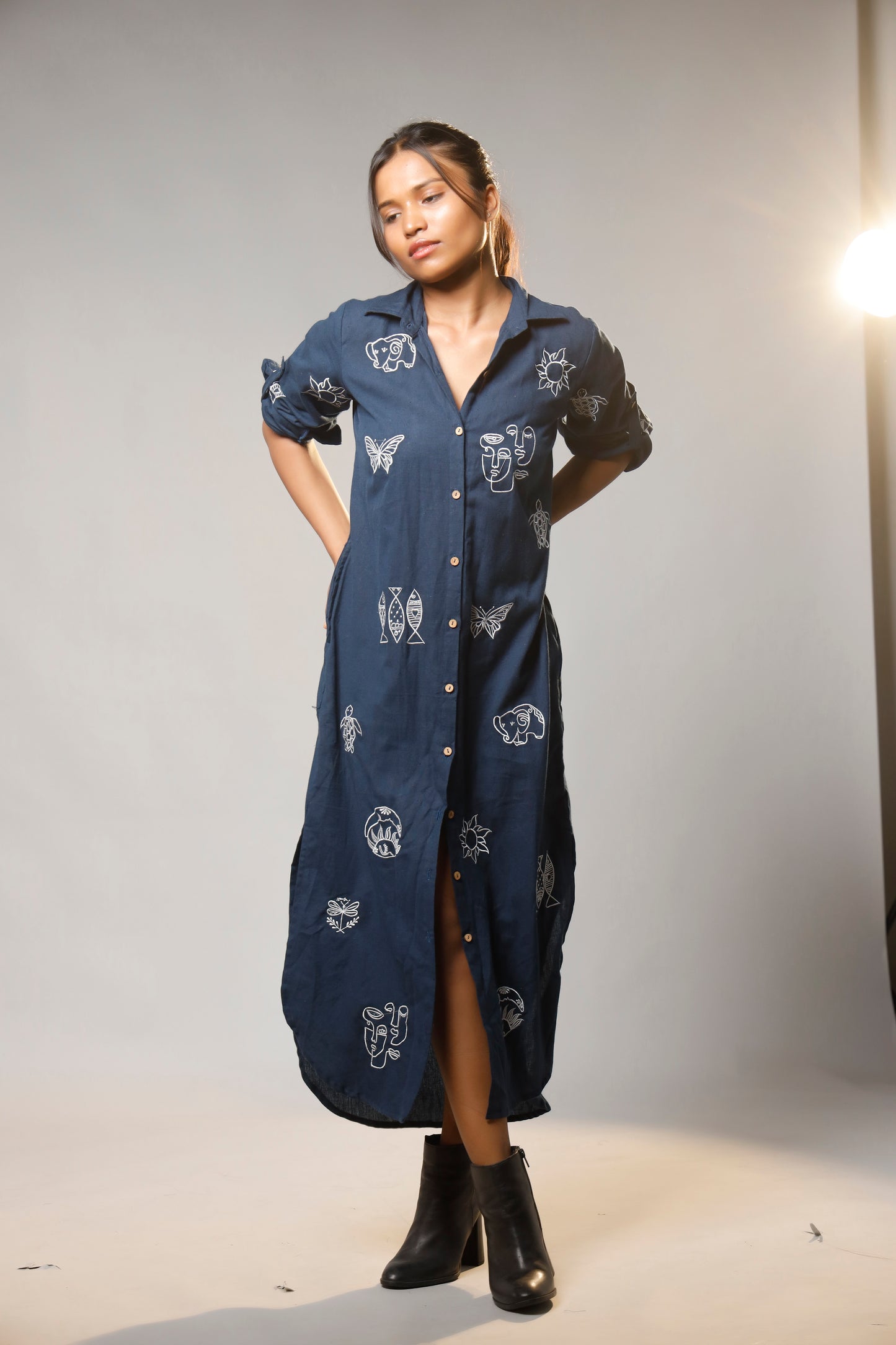 Timeless Charm Hand-Embroidered Cotton Shirt Long Dress
