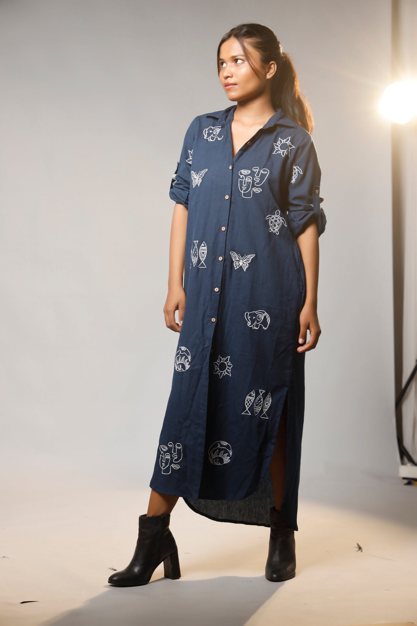 Timeless Charm Hand-Embroidered Cotton Shirt Long Dress