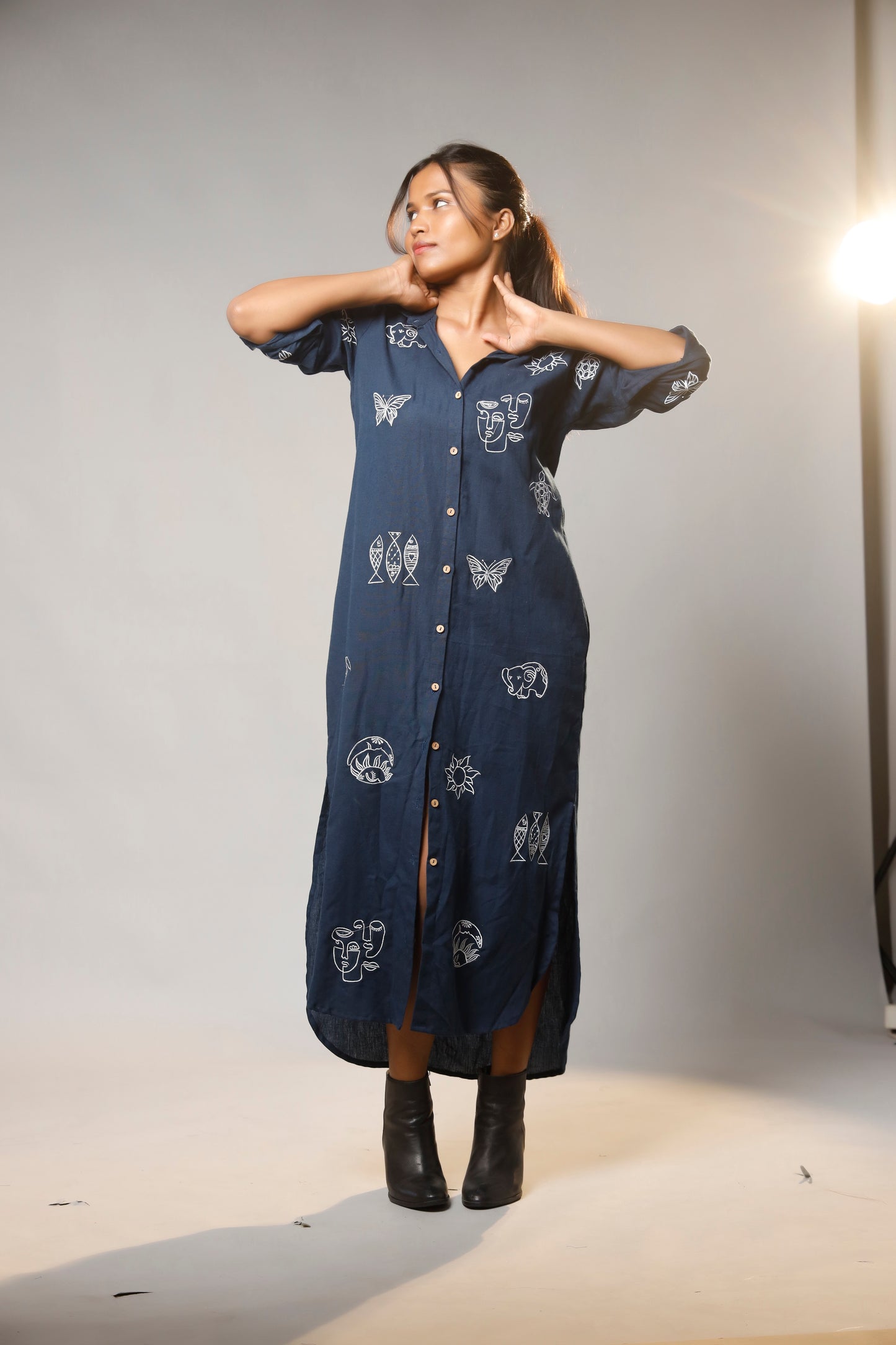 Timeless Charm Hand-Embroidered Cotton Shirt Long Dress