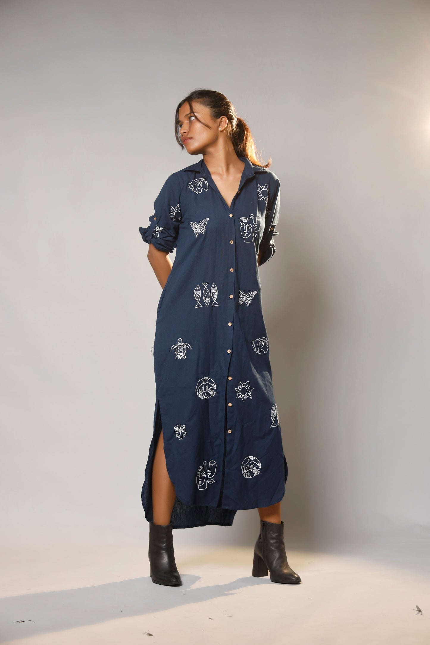 Timeless Charm Hand-Embroidered Cotton Shirt Long Dress
