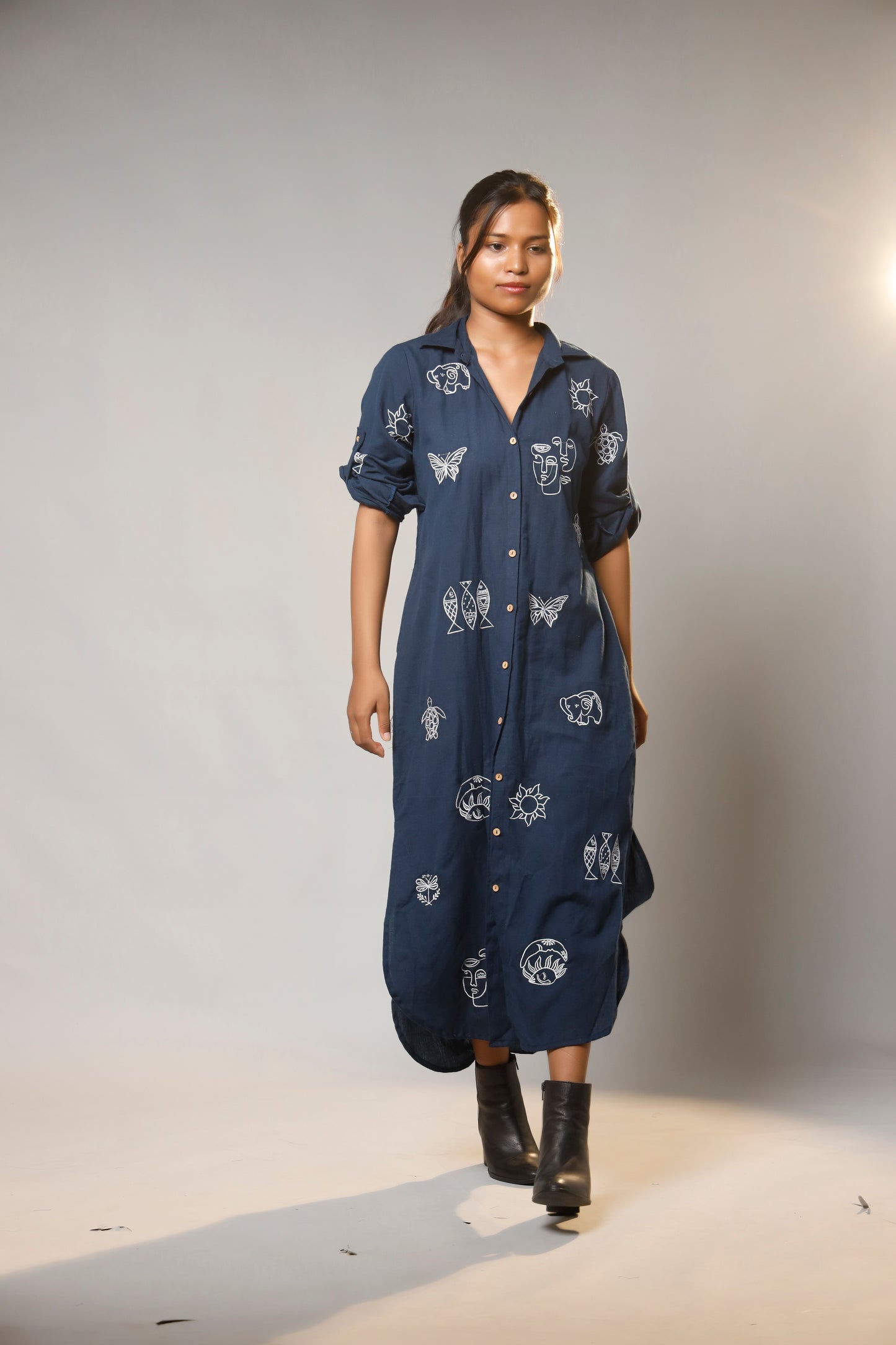 Timeless Charm Hand-Embroidered Cotton Shirt Long Dress
